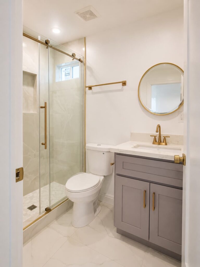 Completed South Gate ADU bathroom with tiled shower and frameless glass enclosure