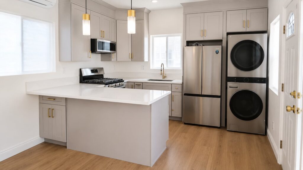 Completed kitchen inside a 529-square-foot South Gate garage conversion ADU