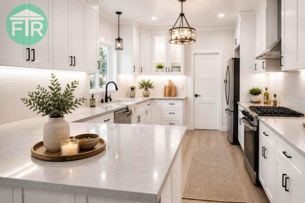 White Shaker cabinets, quartz countertops, and subway tile in a Los Angeles kitchen remodel by Foundation To Roof, Inc.
