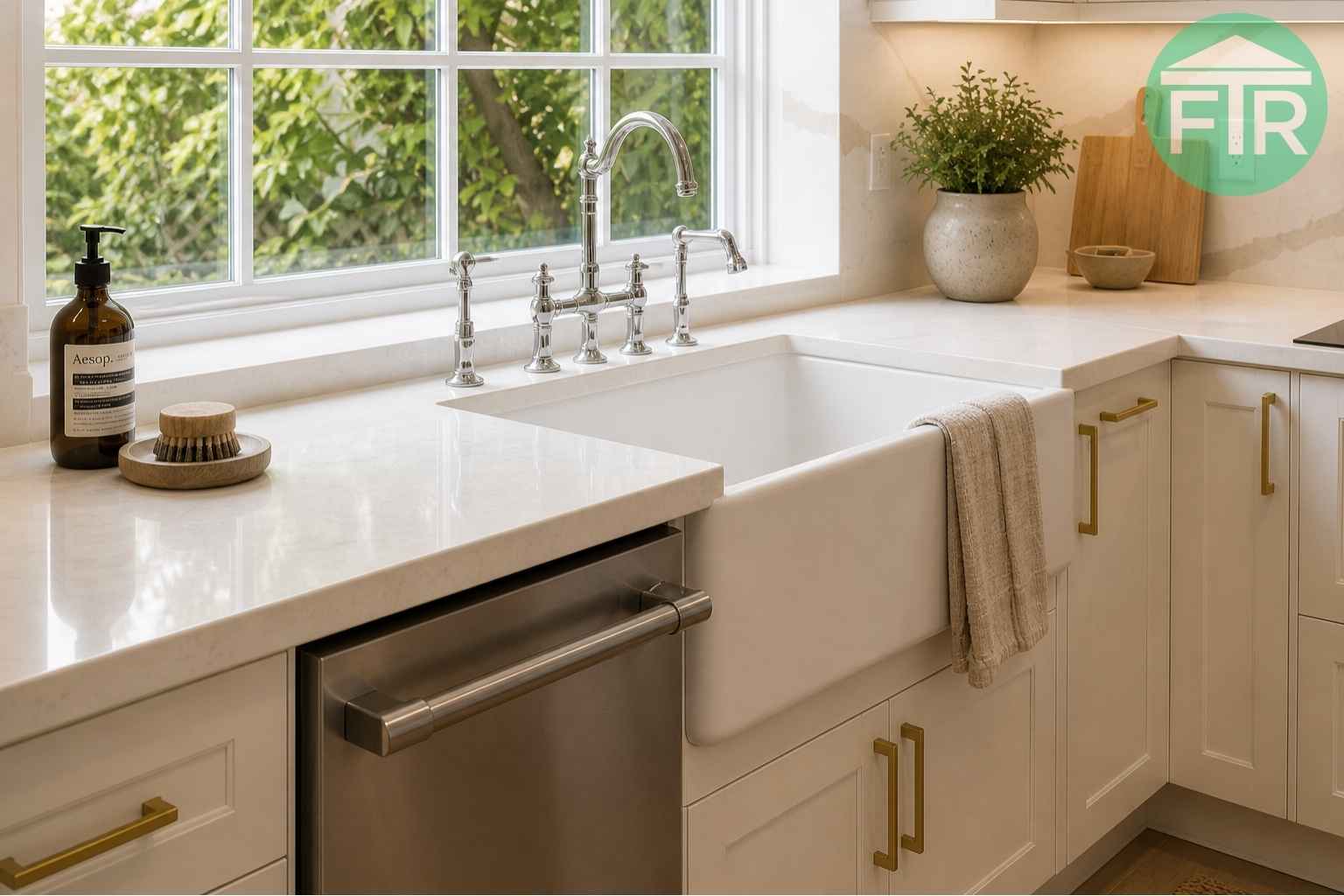 White farmhouse sink, marble quartz countertops, and gold hardware in a Beverly Hills kitchen remodel by Foundation To Roof.