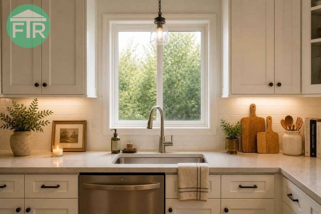 Kitchen sink remodel in Los Angeles with white shaker cabinets, quartz countertops, and a subway tile backsplash by FTR.