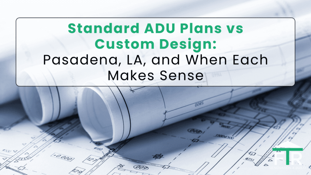 Close up of architectural drawings labeled standard ad plans vs custom design