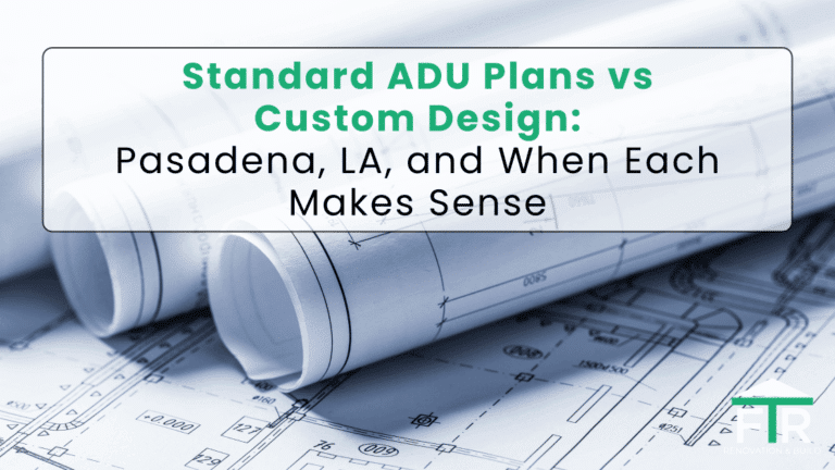 Close up of architectural drawings labeled standard ad plans vs custom design